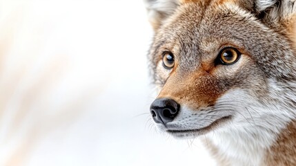 Fototapeta premium a close up of a coyote's face in the snow, with its brown, white and black fur standing out against the white background