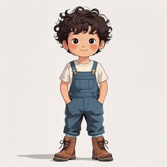 Asian boy curly hair overalls and boots cartoon illustration on plain white background