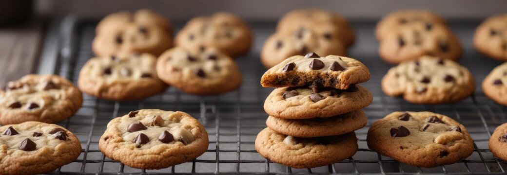 Stack of freshly baked chocolate chip cookies cooling on a wire rack , treats, rack, wire