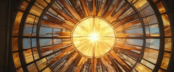 Stained glass panel depicting a majestic sun with rays of golden light emanating from it, radiance, artistic, stained glass art