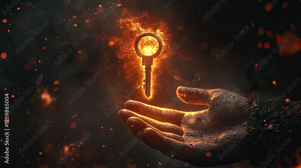 Poster conceptual image of a glowing key hovering above an outstretched hand.