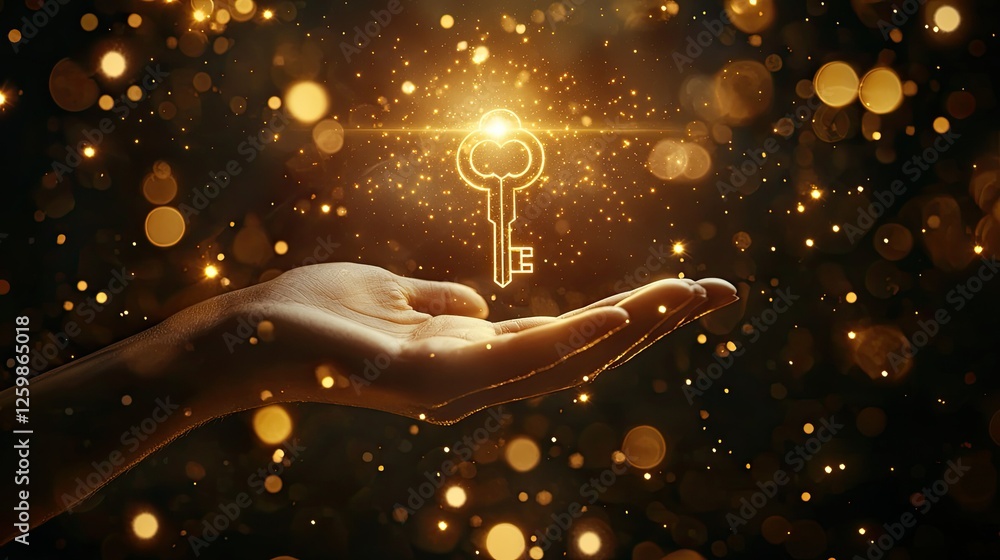 Poster conceptual image of a glowing key hovering above an outstretched hand.