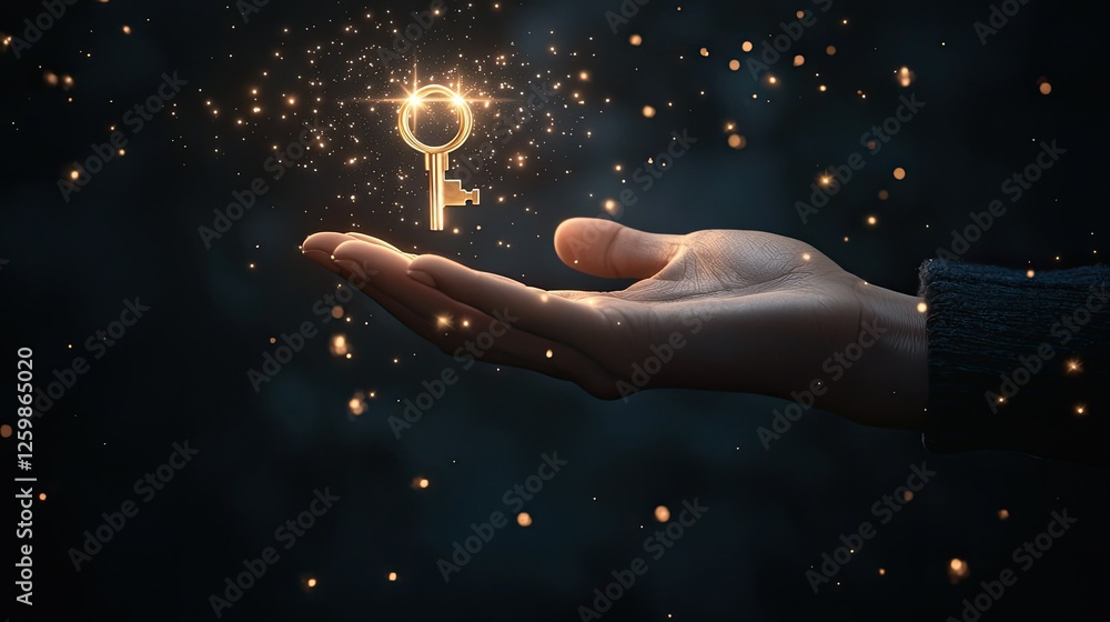 Poster conceptual image of a glowing key hovering above an outstretched hand.