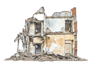 Demolished Building: A haunting image of a partially demolished two-story building, revealing its decaying interior and the debris surrounding it. The remnants of walls, windows.