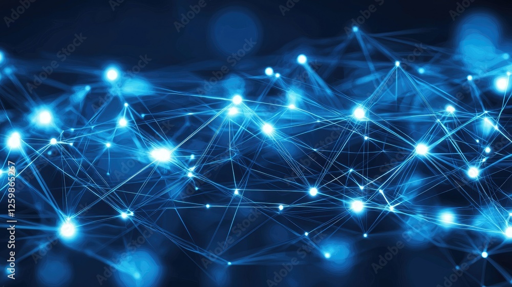 Poster conceptual molecular structure with blue and white atoms linked by glowing lines.