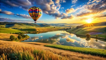 Fototapeta premium Serene Sunrise Hot Air Balloon Flight Over Rolling Hills and a Tranquil Lake