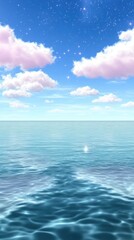 Obraz premium Serene Blue Ocean with Soft Clouds and Starry Sky Reflection