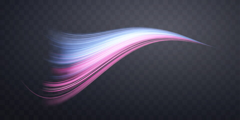 Glowing pink and blue lines. Dynamic neon realistic energy speed wave. Abstract curve twirl light effect on a dark background. Vector illustration.