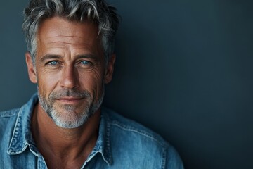 Fototapeta premium The image features a smiling man with gray-flecked hair wearing a denim shirt, positioned against a plain gray backdrop, conveying a feeling of relaxation and friendliness