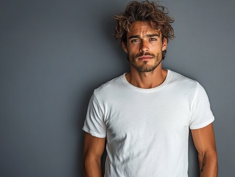 The image depicts a young man dressed in a white t-shirt set against a grey backdrop
