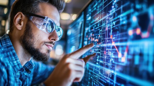 Professional Man Analyzing Financial Data on Multiple Screens in Office Setting