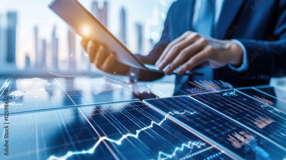 Poster hands of business professional analyzing financial data on digital display