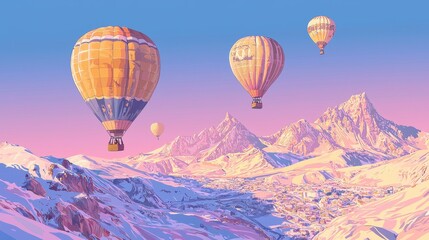 Obraz premium Three hot air balloons flying over a mountain range. the balloons are in different colors - one is orange, one is pink, and one is yellow. the sky is blue and the mountains are covered in snow.