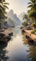 Stunning watercolor art of a riverside port scene on the Mekong River, stunning, river, impressionist, scene
