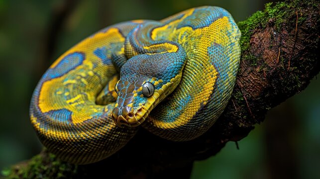 Close-up of a snake coiled up on a tree branch. the snake appears to be a reticulated python, with its body covered in a vibrant yellow and blue pattern.