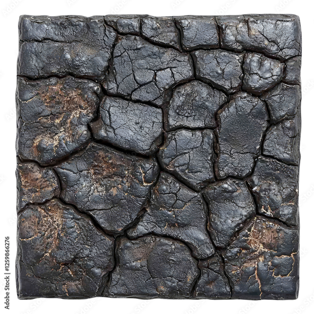 Poster cracked black texture with deep crevices and uneven surface features for artistic backgrounds or tex