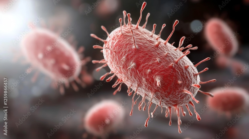 Poster microscopic view of a bacteria showcasing its complex structure and active movement in a liquid envi
