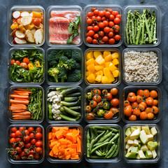 Nutritious Meal Prep: A vibrant array of fresh, colorful, and meticulously organized ingredients, showcasing the art of healthy meal preparation, promising both visual appeal and culinary delight.