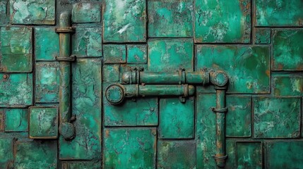 A complex industrial pipeline system with strong metallic textures on a deep green background