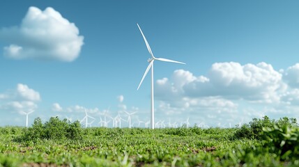 Wind turbines in field, blue sky, renewable energy