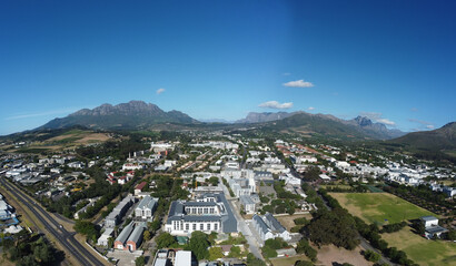 Stellenbosch Town South Africa Aerial Panorama with mountains in the background.