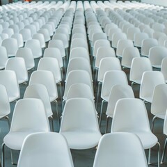 Naklejka premium White plastic chairs with metal legs, arranged in rows, demonstrate the repeatability and simplicity of the design.