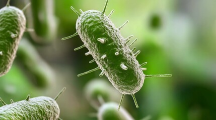 Fototapeta premium Detailed view of a bacterium showcasing intricate structures in a vibrant green environment with other microorganisms present