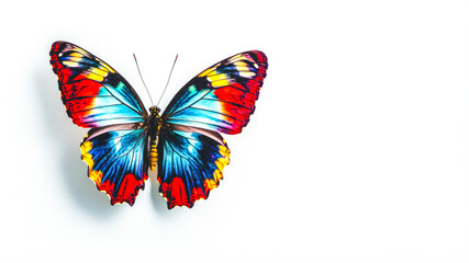 Vibrant colorful butterfly on white background. Symbol of care, childhood, trust, elegance, beauty. Perfect for nature branding, artistic designs, and butterfly themed visuals. Copy space