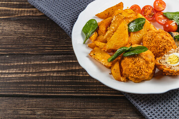 Crispy fried dishes served with seasoned potatoes and cherry tomatoes