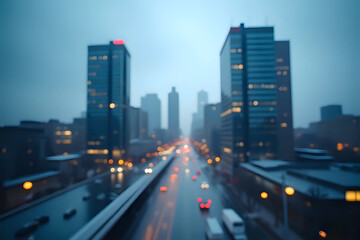 Fototapeta premium Blurry focus city hotel corporate building in blue morning business background. Cityscape skyline light outside office window grey sky view. Day bokeh winter bank company blur backdrop outdoor.