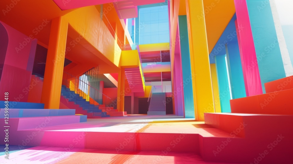 Poster a modern architectural structure featuring bold geometric patterns and a vibrant color palette of pi