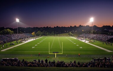 Evening football game at stadium with crowd