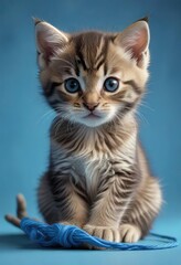 Obraz premium Tabby grey kitten curled up on a blue background with a few strands of yarn in its paws, feline, grey