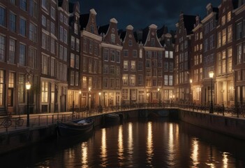 Fototapeta premium Tall buildings and grand facades of old Amsterdam canal houses illuminated by streetlights, ornate details, nighttime scene, historic buildings