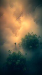 Fototapeta premium Solitary Figure in Misty Dawn: A Surreal Landscape