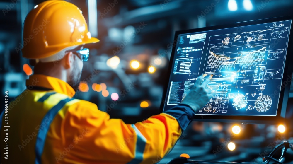Poster industrial engineer monitoring technical data and blueprints on computer screen in factory workspace