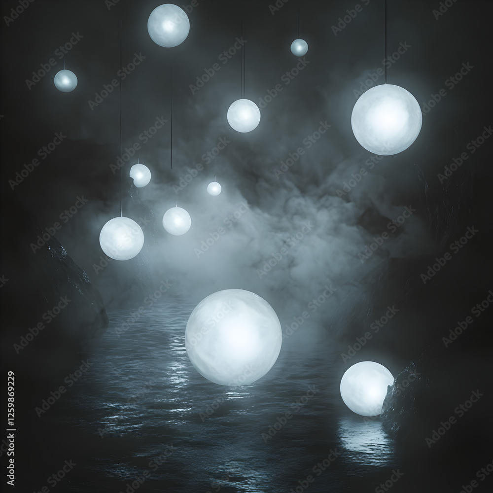 Poster celestial globes in misty ambiance: illuminated orbs float in a tranquil atmosphere, creating a capt