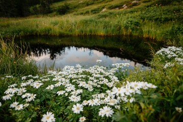 Daisies near a pond reflecting skies in a green meadow for nature backgrounds