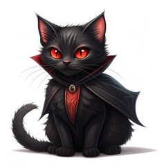 A charming black cat with glowing red eyes, wearing a vampire cape, exuding a playful yet mysterious aura.