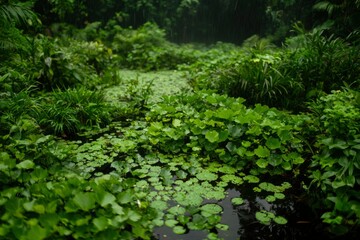 Tranquil swamp landscape with lily pads surrounded by green vegetation, use nature