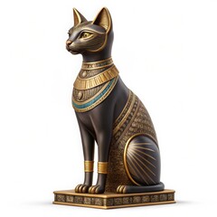 A majestic black cat statue adorned with intricate golden jewelry and colorful embellishments, symbolizing ancient Egyptian culture.