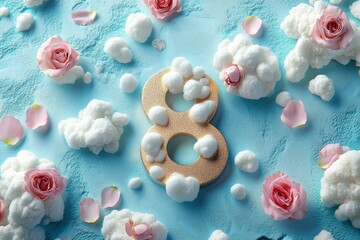 A beautiful golden eight is nestled among soft, fluffy clouds and gentle petals, ideal for marking special events or milestones