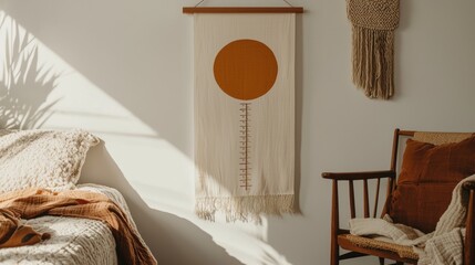 Bedroom with a white wall and a wooden chair on the right side. on the left side of the image, there is a bed with a beige blanket and orange throw pillows.