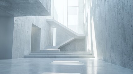 Obraz premium Modern Concrete Architecture: Sunlight Illuminates Minimalist Staircase