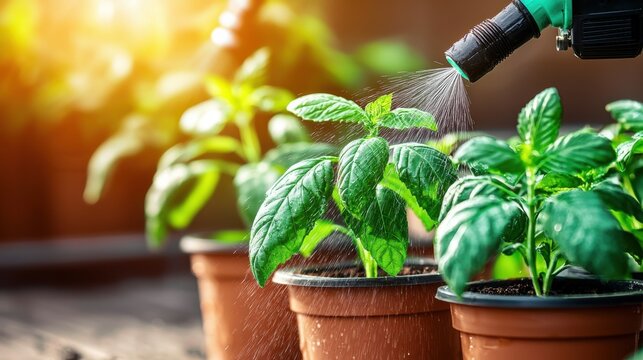 Watering Lush Green Leafy Plants in Terracotta Pots for Gardening or Farming Cultivation