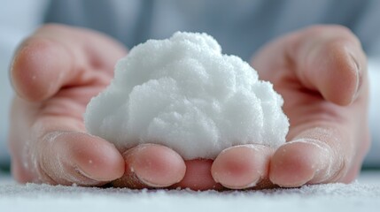  a person holding a handful of white sugar in their hands, with a blurred background