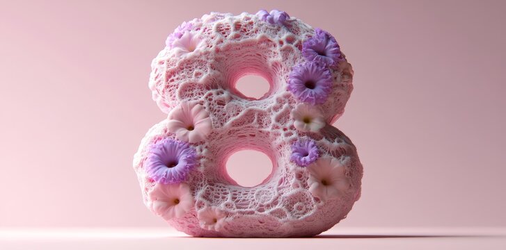 A delicate floral arrangement of roses and lavender on a soft pastel background forms the shape of the number eight
