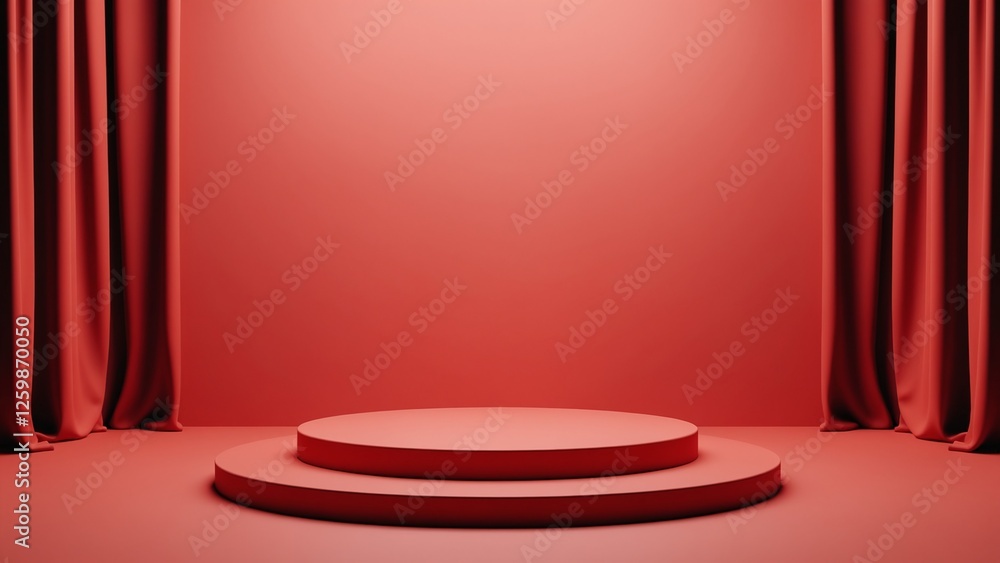 Aufkleber Pedestal of platform display with modern stand podium on red room background. Blank Exhibition stage backdrop or empty product shelf. 3D rendering