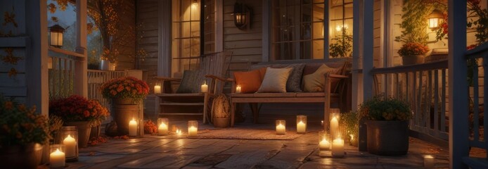 The rustic charm of a porch is highlighted by the warm glow of candles and the cozy atmosphere of autumnal surroundings, cozy atmosphere, candlelight