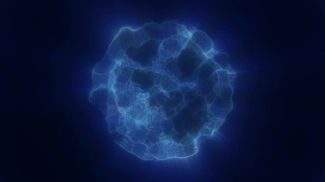 A glowing blue sphere with fluid textures, appearing as an abstract cosmic orbi in deep space background, video in high quality 4k, motion design